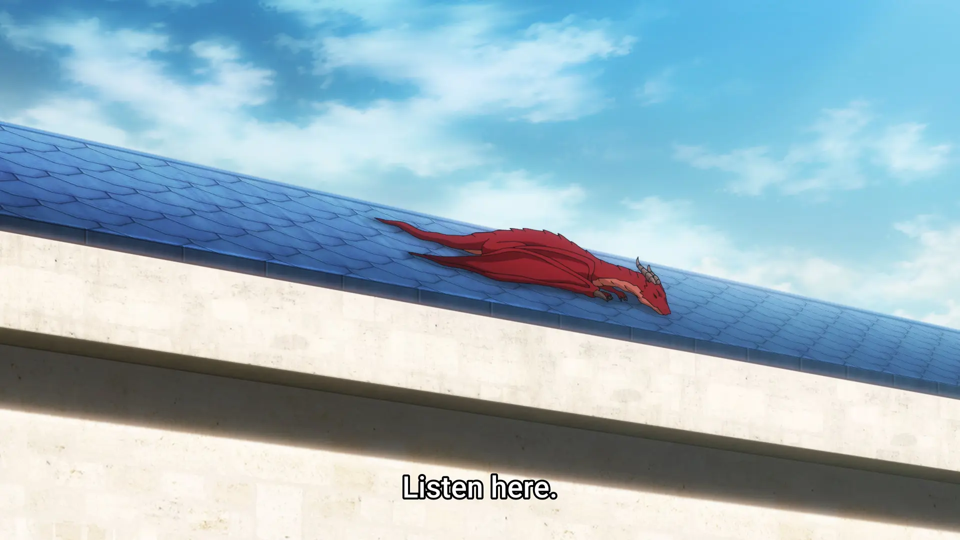 Screenshot from the anime "Unnamed Memory" showing a small red dragon sleeping on a blue slanted roof.