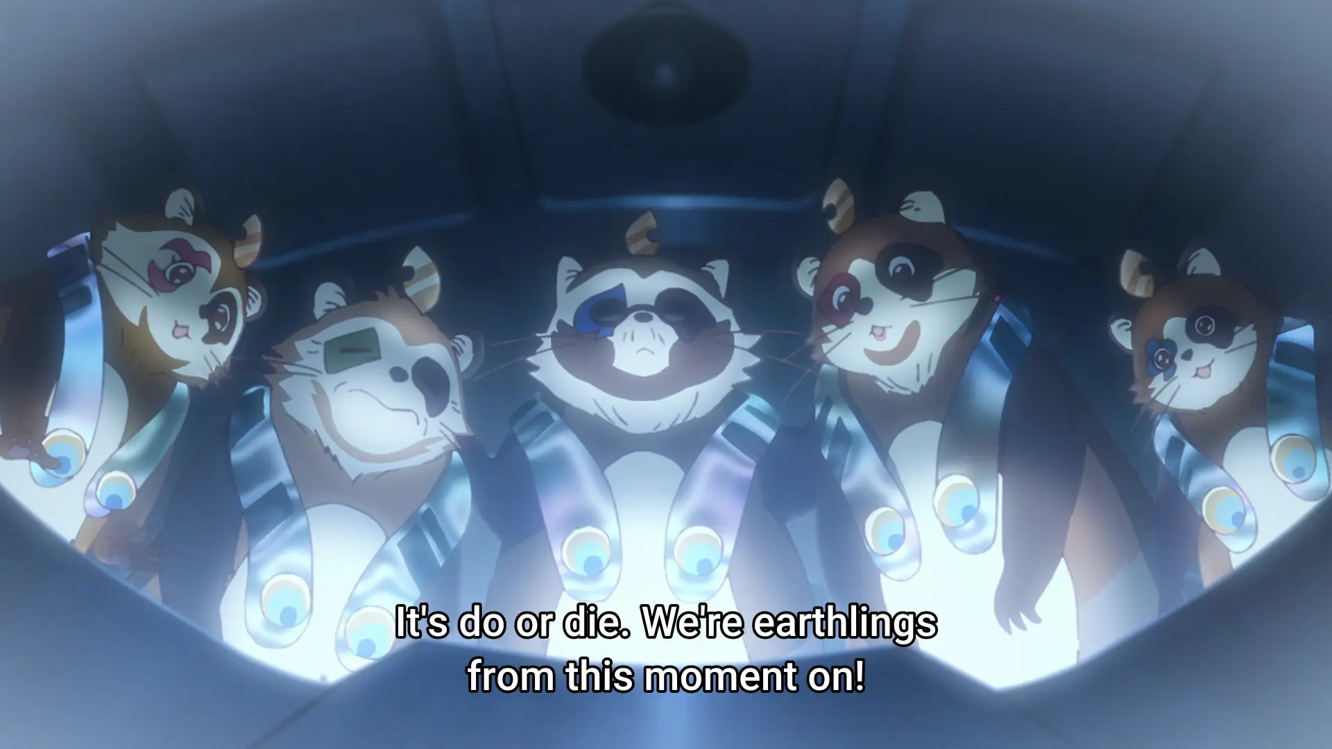 Screenshot from thew anime "Apocalypse Hotel" showing 5 tanuki-like creatures in a crashed space ship. The subtitle says "It's do or die. We're earthlings from this moment on!"