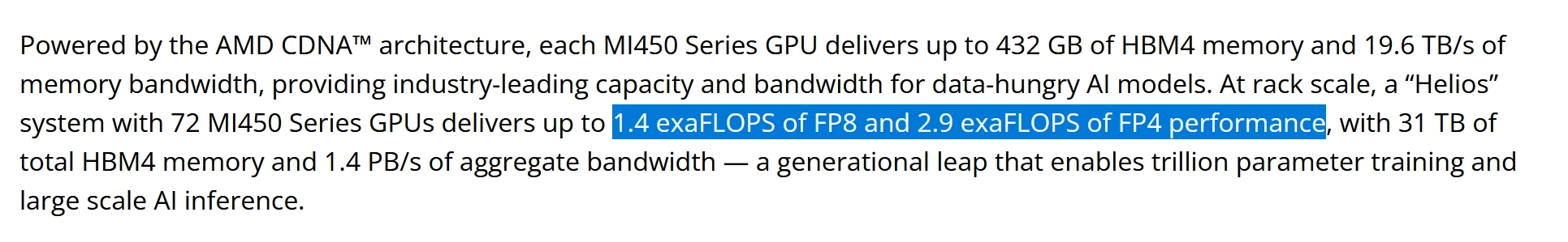 At rack scale, a “Helios” system with 72 MI450 Series GPUs delivers up to 1.4 exaFLOPS of FP8 and 2.9 exaFLOPS of FP4 performance, with 31 TB of total HBM4 memory and 1.4 PB/s of aggregate bandwidth
