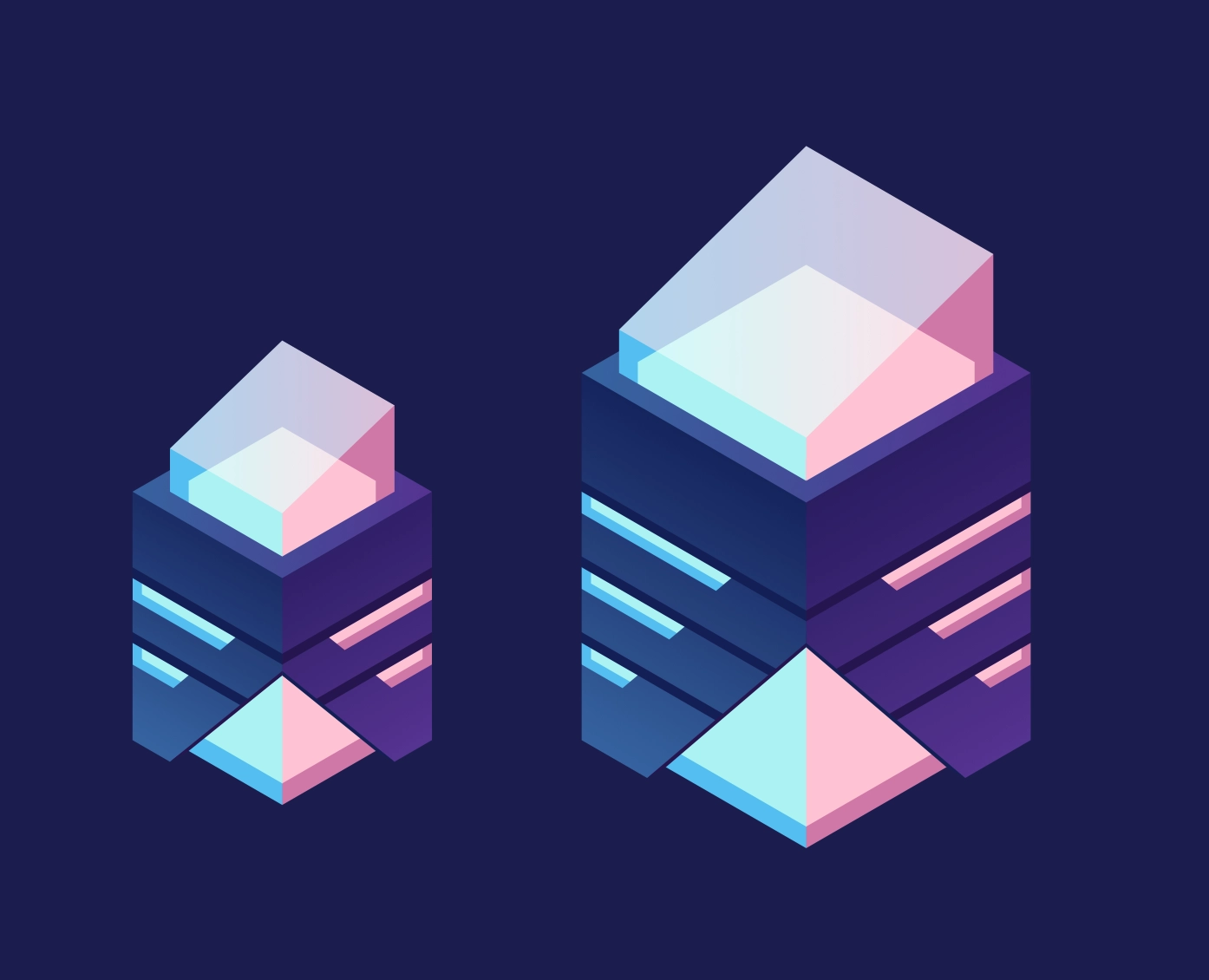 Vector art of a futuristic building. The left one is smaller than the right one.