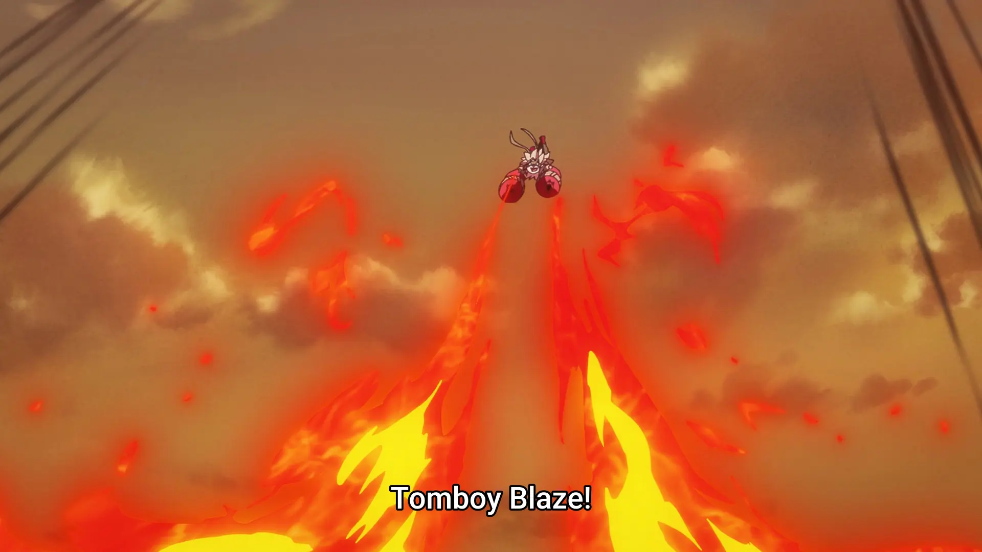 Screenshot from the anime "Digimon Beatbreak" showing a digimon doing a flame attack while shouting "Tomboy Blaze!"