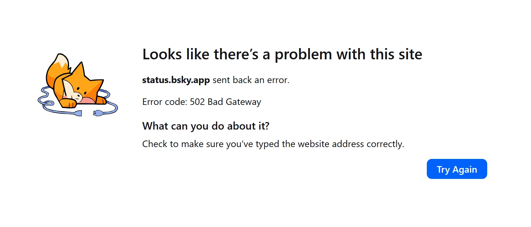 Bluesky's status website returning HTTP 502 Bad Gateway.