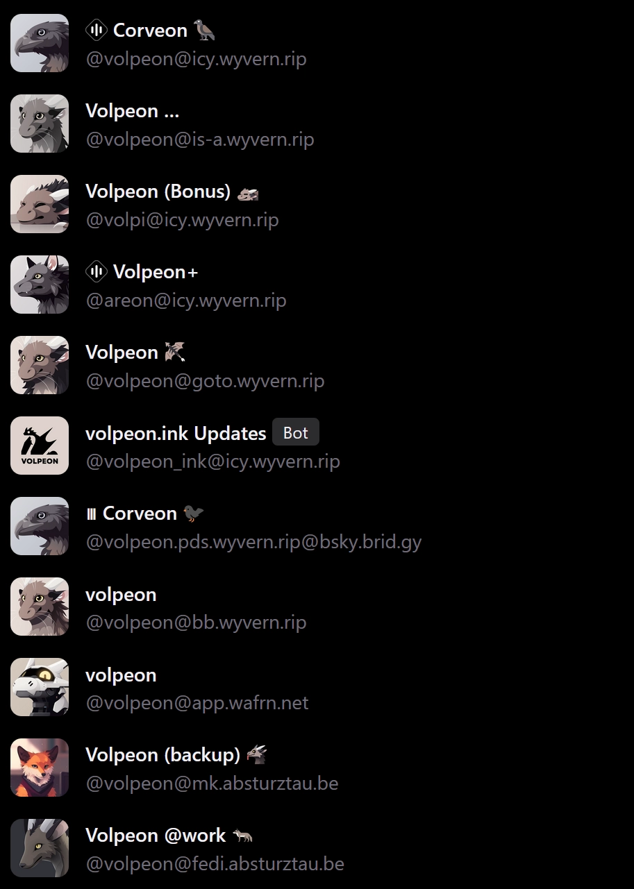 A list of all Volpeon accounts my instance knows about. There are 11 listed, which isn't even all of them.