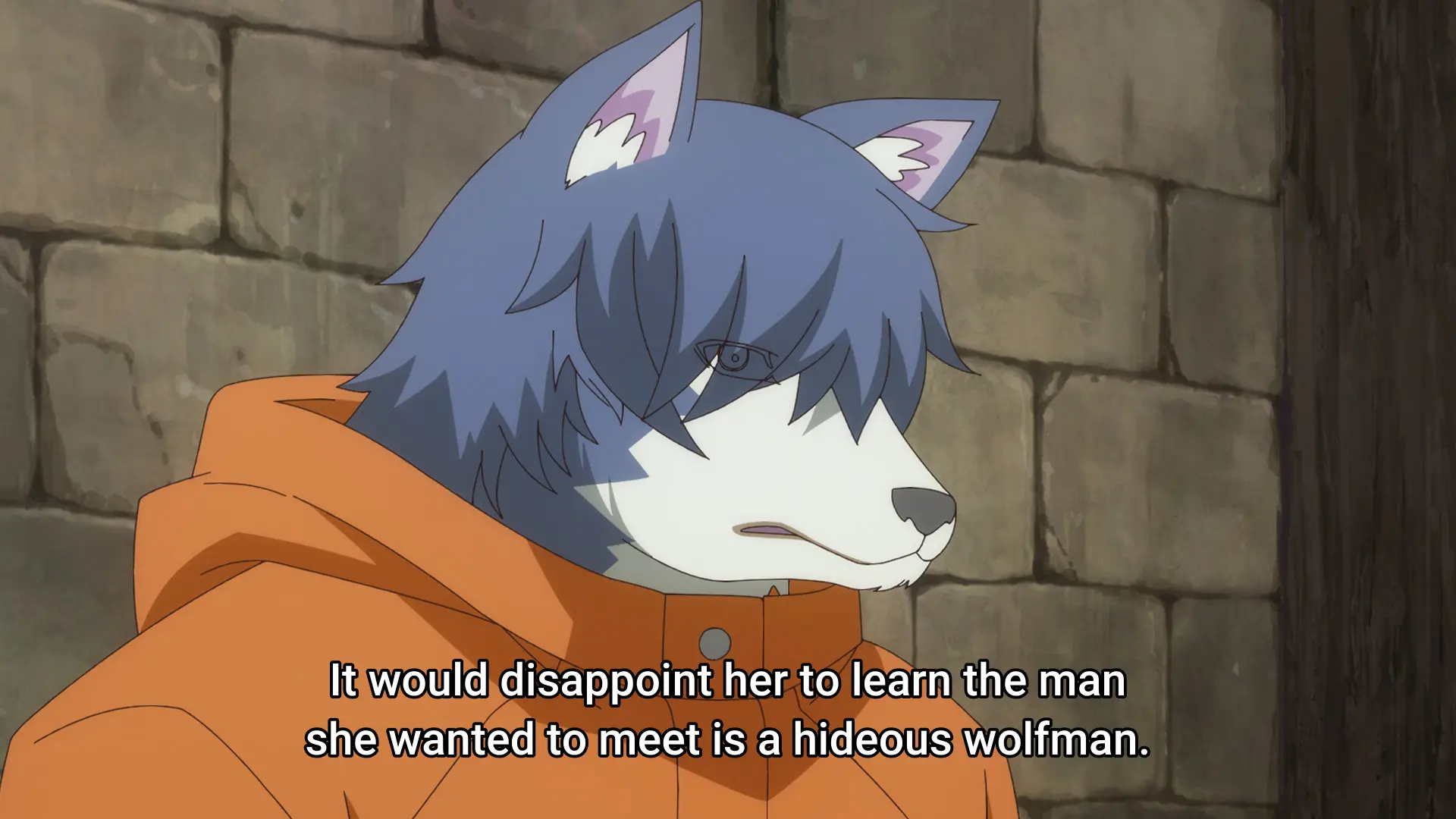 Screenshot from the anime "Aru Majo ga Shinu Made" showing a wolf person wearing an orange coat. He says: "It would disappoint her to learn the man she wanted to meet is a hideous wolfman."