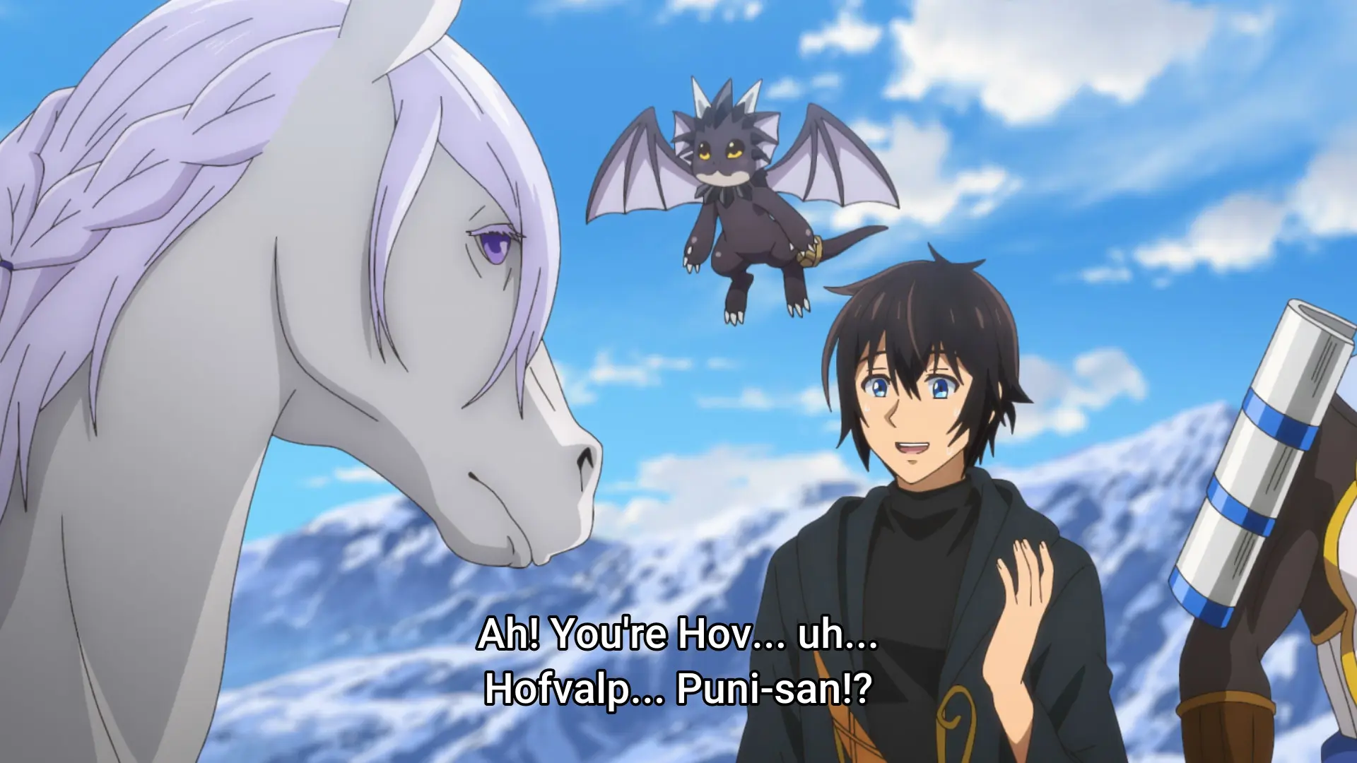 Screenshot from the anime "Sozai Saishuka no Isekai Ryokouki" featuring the protagonist talking with a pegasus. He says "Ah! You're Hov... uh... hofvalp... Puni-san!?"