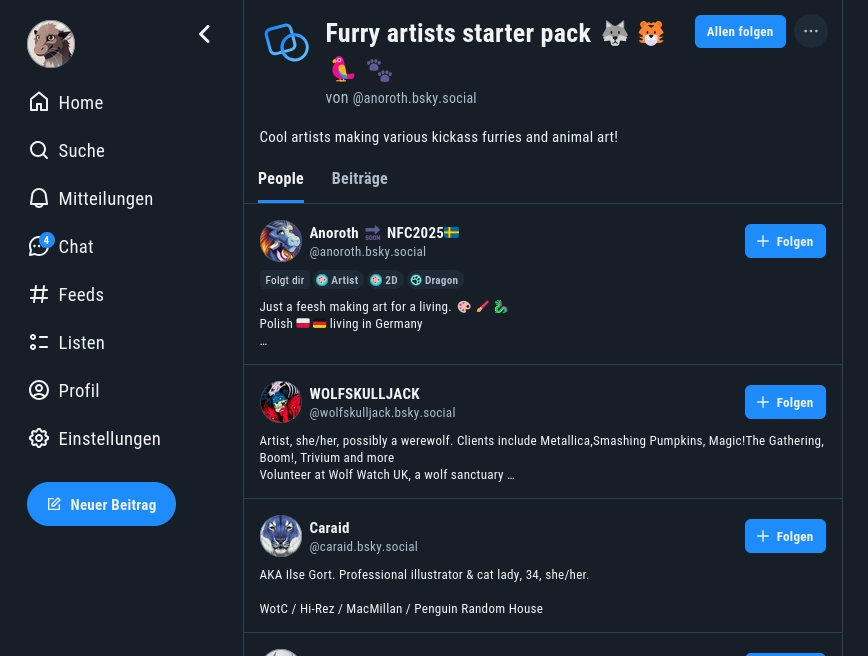 A starter pack, viewable directly in the Bluesky UI. You can see all people, follow all of them at once or individually, and view a feed of all their posts combined.