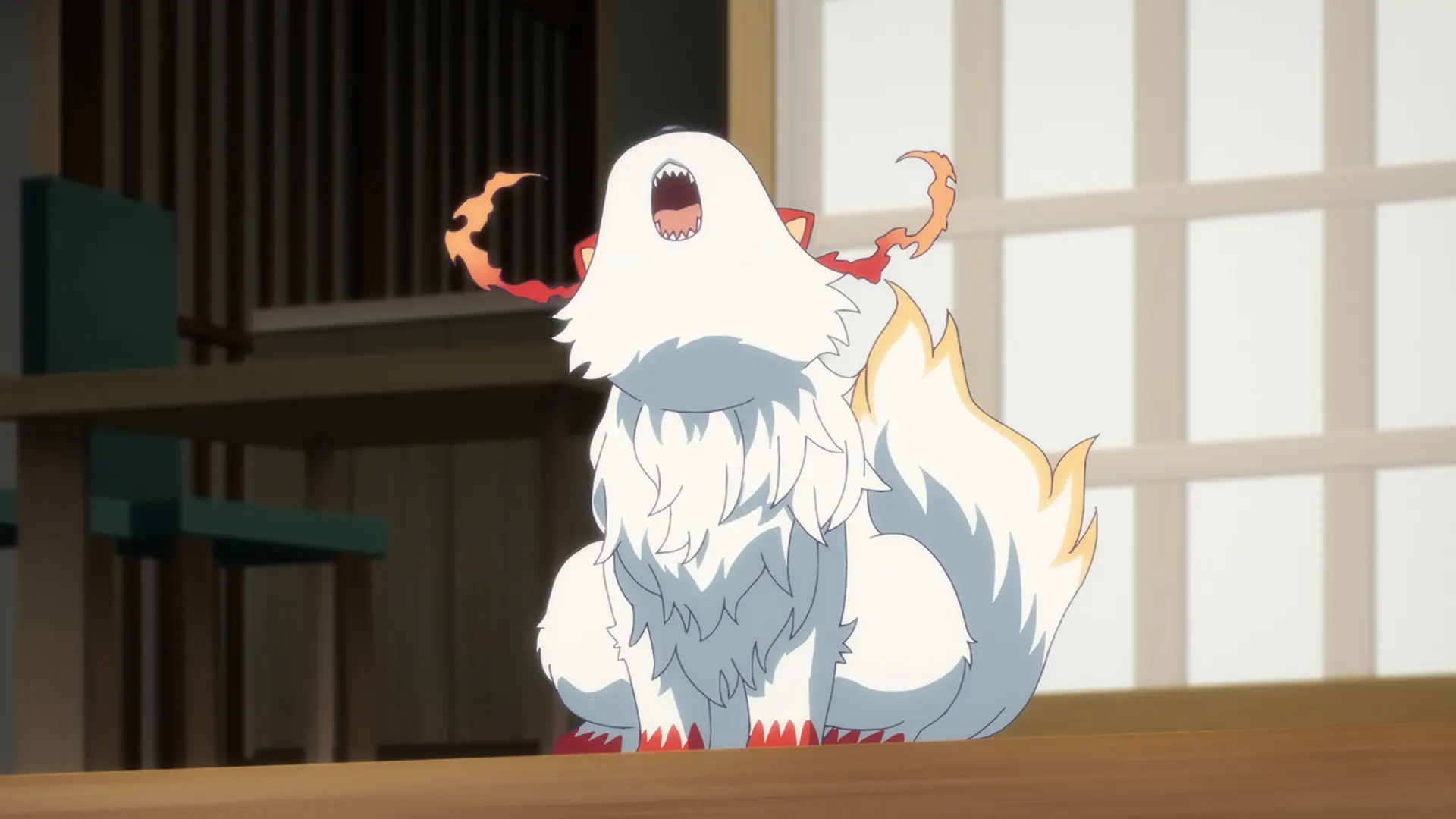 Screenshot from the anime "Kami no Niwatsuki Kusunoki-tei" featuring Yamagami, a mountain god with the body of a wolf, howling.