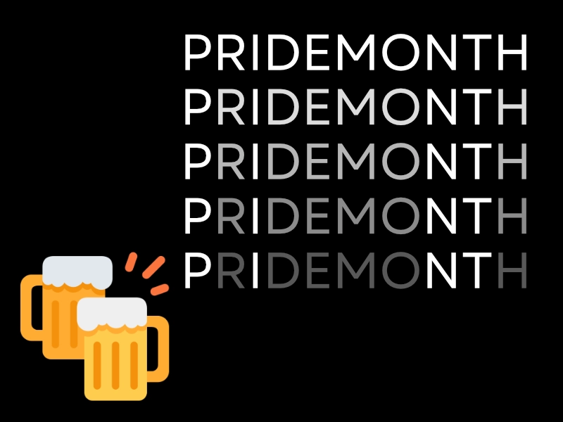 A picture where the text "PRIDEMONTH" morphs into "PINT" by turning the unneeded letters transparent. There's the 🍻 emoji at the bottom.