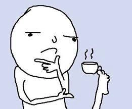 A reaction face featuring a man striking a typical thinking pose with both hands, while holding a tea cup with his left foot.