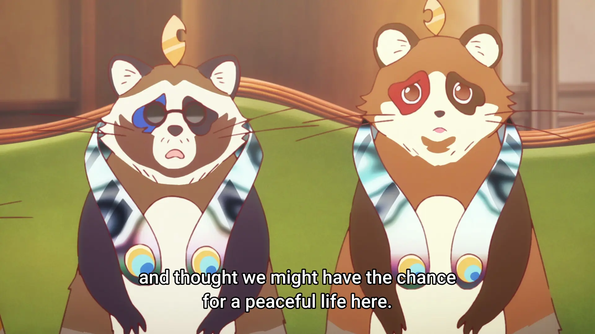 Screenshot from the same anime, now showing two of them sitting on a sofa. They look desperate. Subtitle: "and thought we might have the chance for a peaceful life here."