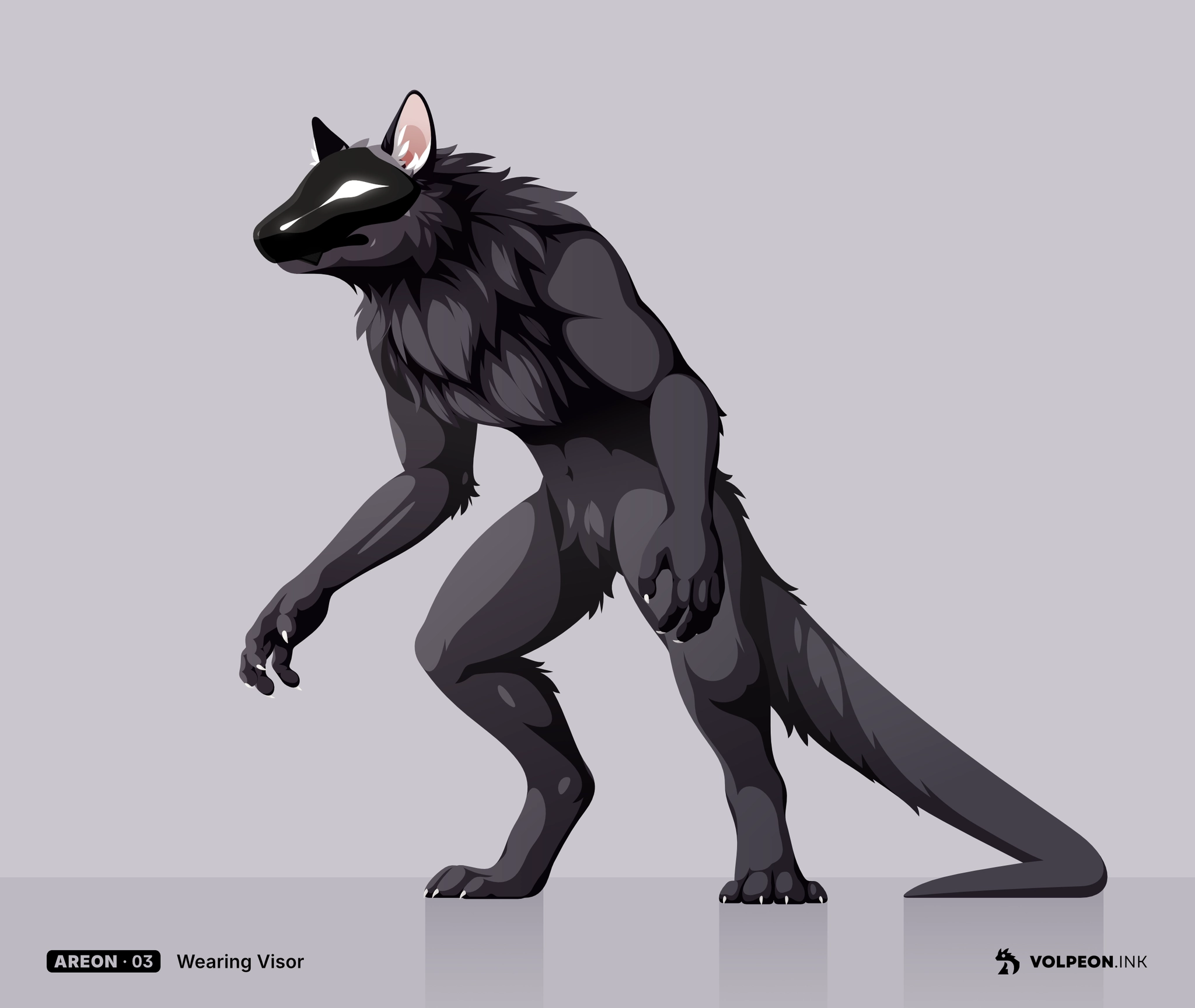 Vector art featuring a werewolf-like creature with black fur and a lizard-like tail who's wearing a black visor with an artificial face rendered on the surface.