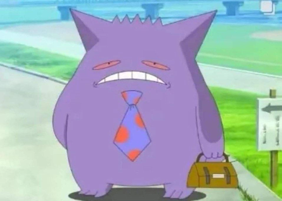 A Gengar (Pokemon) wearing a tie and carrying a small briefcase. It looks very unhappy.