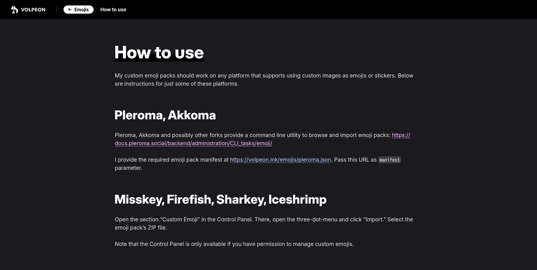 A page on my website explaining how to install my emoji packs on Pleroma, Akkoma, Misskey, Firefish, Sharkey and Iceshrimp.