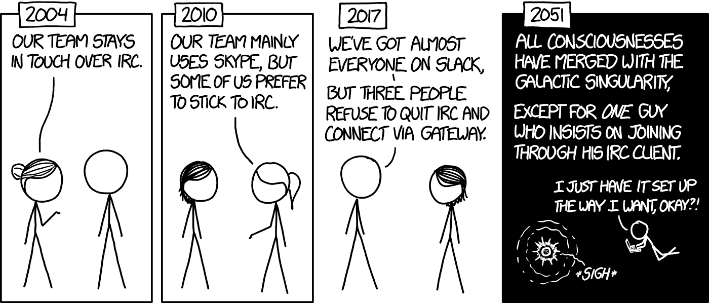 Description taken from https://www.explainxkcd.com/wiki/index.php/1782:_Team_Chat :

    [Hairbun holding up her palm toward Cueball. A frame over the top border of the panel has a caption:]
    2004
    Hairbun: Our team stays in touch over IRC.

    [Megan is looking at Ponytail who is holding up her palm toward her. A frame over the top border of the panel has a caption:]
    2010
    Ponytail: Our team mainly uses Skype, but some of us prefer to stick to IRC.

    [Cueball is talking with Megan in a frameless panel. A frame at the top of the panel has a caption:]
    2017
    Cueball: We've got almost everyone on Slack,
    Cueball: But three people refuse to quit IRC and connect via Gateway.

    [A black panel with white text and drawings. The main body of text is above the singularity, a starburst around a circle with two more broken lined circles around the starburst. To the right another Cueball-like guy floats in space with his laptop computer, typing on the keyboard. A frame, that is white inside, is over the top border of the panel has a caption: ]
    2051
    Narration: All consciousnesses have merged with the Galactic Singularity, 
    Narration: Except for one guy who insists on joining through his IRC client.
    One Guy: I just have it set up the way I want, okay?!
    Galactic Singularity: *Sigh*