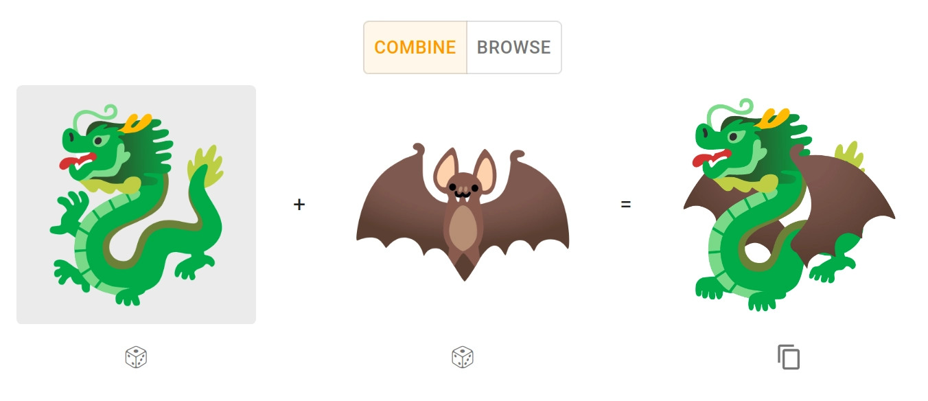 Emoji Kitchen combining 🐉 and 🦇 to an Eastern dragon with bat wings.