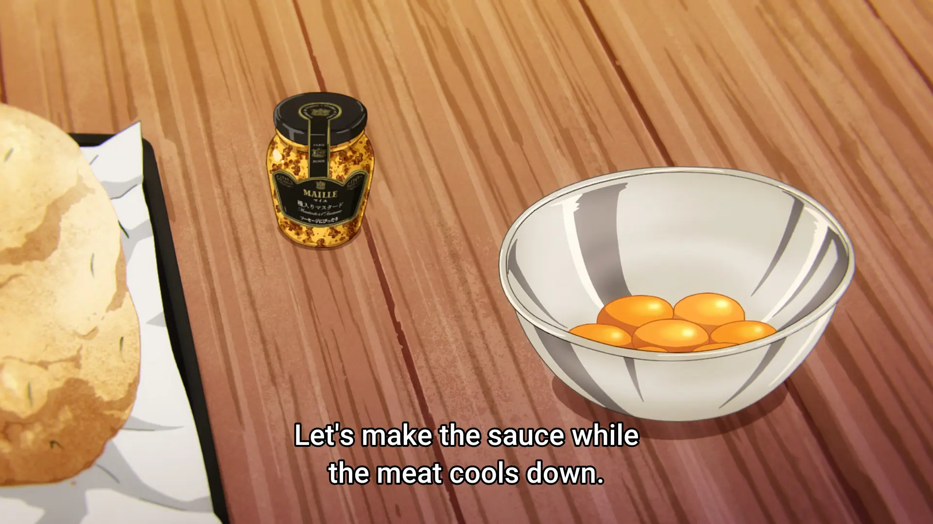Screenshot from the anime "Tondemo Skill de Isekai Hourou Meshi S2" showing a bunch of ingredients for a meal. One of them is a glass of Maille mustard.