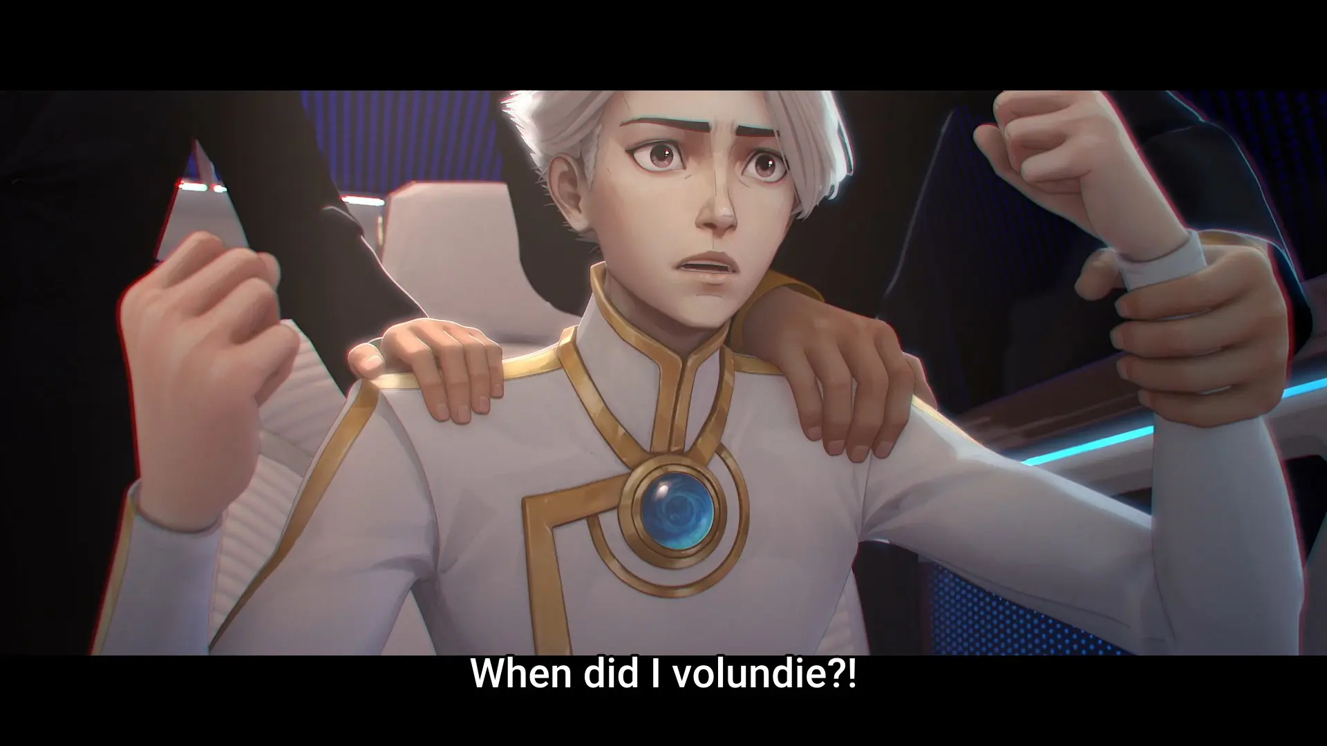 Screenshot from the donghua "To Be Hero X" showing a guy with white hair and clothes exclaiming "When did I volundie?!"