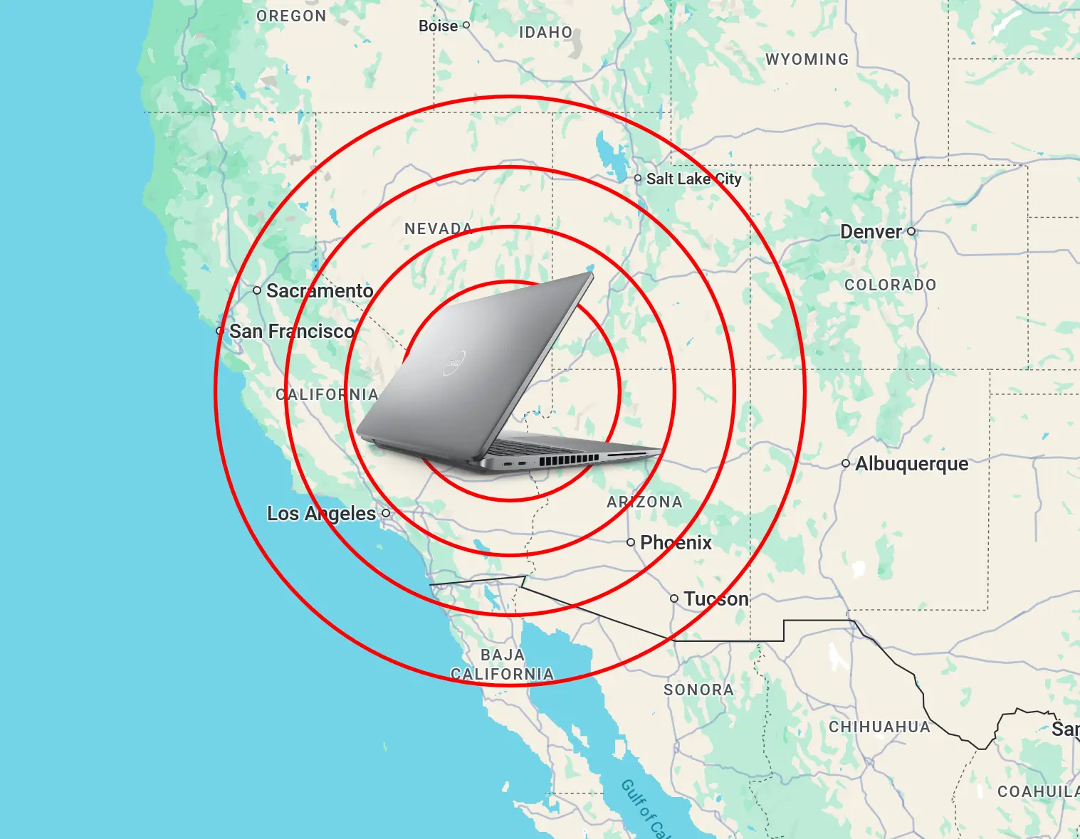 Screenshot of a map showing part of the US west coast. There's a Dell Latitude with red circles expanding from it, like often shown with earthquakes.