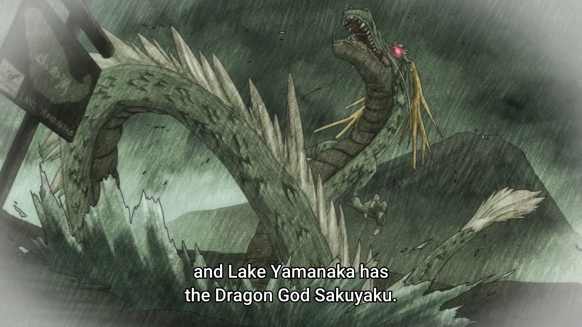 Screenshot from the anime "Mono" showing an Eastern dragon half submerged in a lake. It has green scales, black scales along the underside, and white fur on the back. The subtitle says "and Lake Amanaka has the Dragon God Sakuyaku."