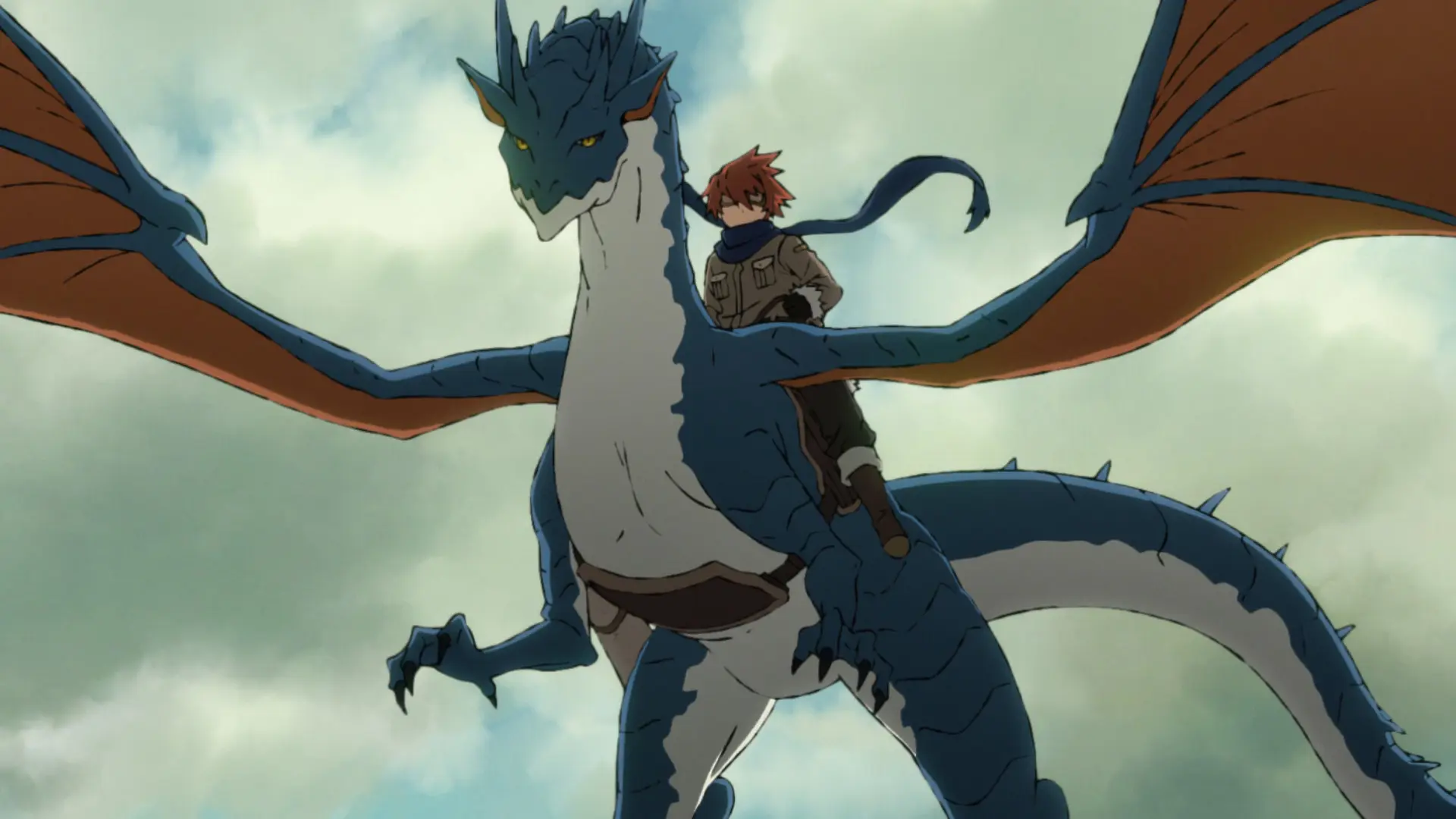 Screenshot from the anime "Yuusha-kei ni Shosu" featuring a blue dragon flying in the air. As usual, the wing membranes are barely attached to the body, making them unsuitable for flight.