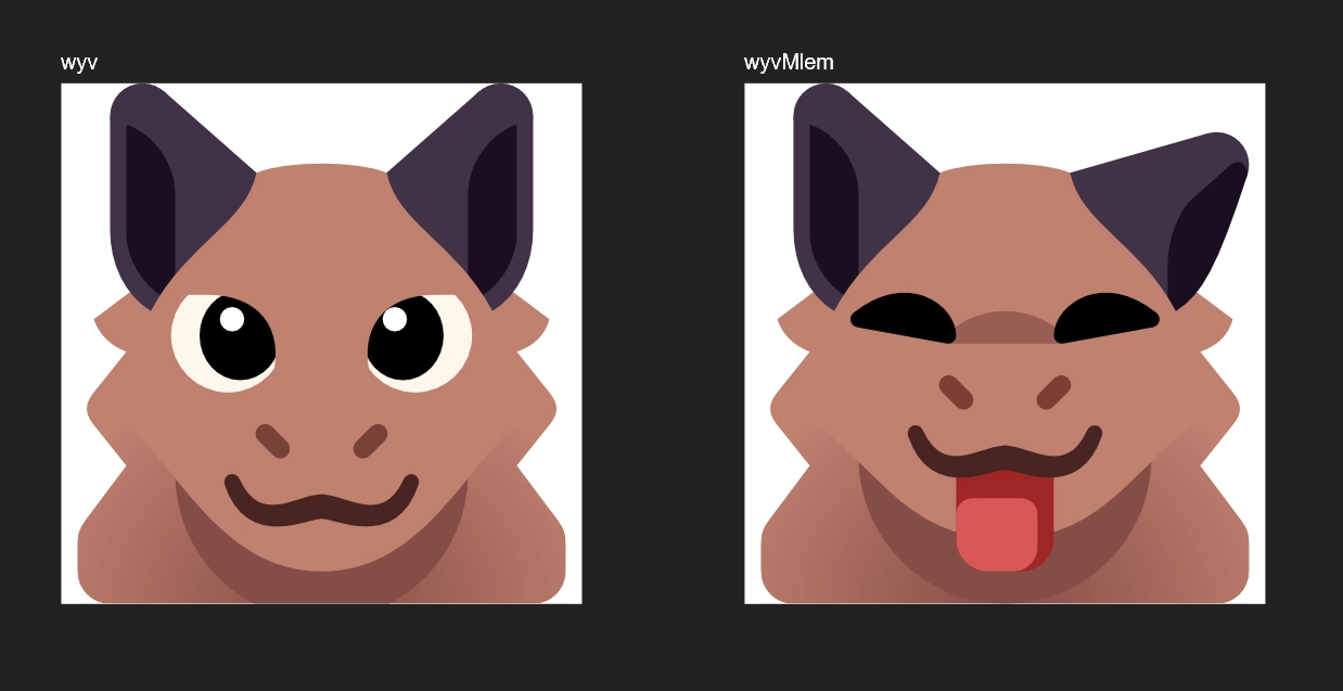 2 emojis of a brown wyvern with black triangular ears. In one he just looks at the viewer, while in the other he closes his eyes and sticks his tongue out while one ear is dropping a bit.