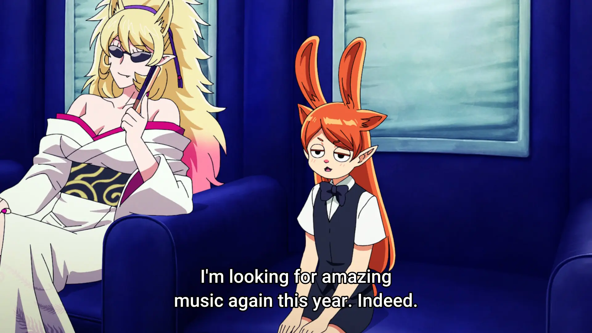 Screenshot from the anime "Mairimashita! Iruma-kun" showing a demon with a pair of pointy human-like ears, above of them a pair of canine ears and closest to the top of the head a pair rabbit ears.