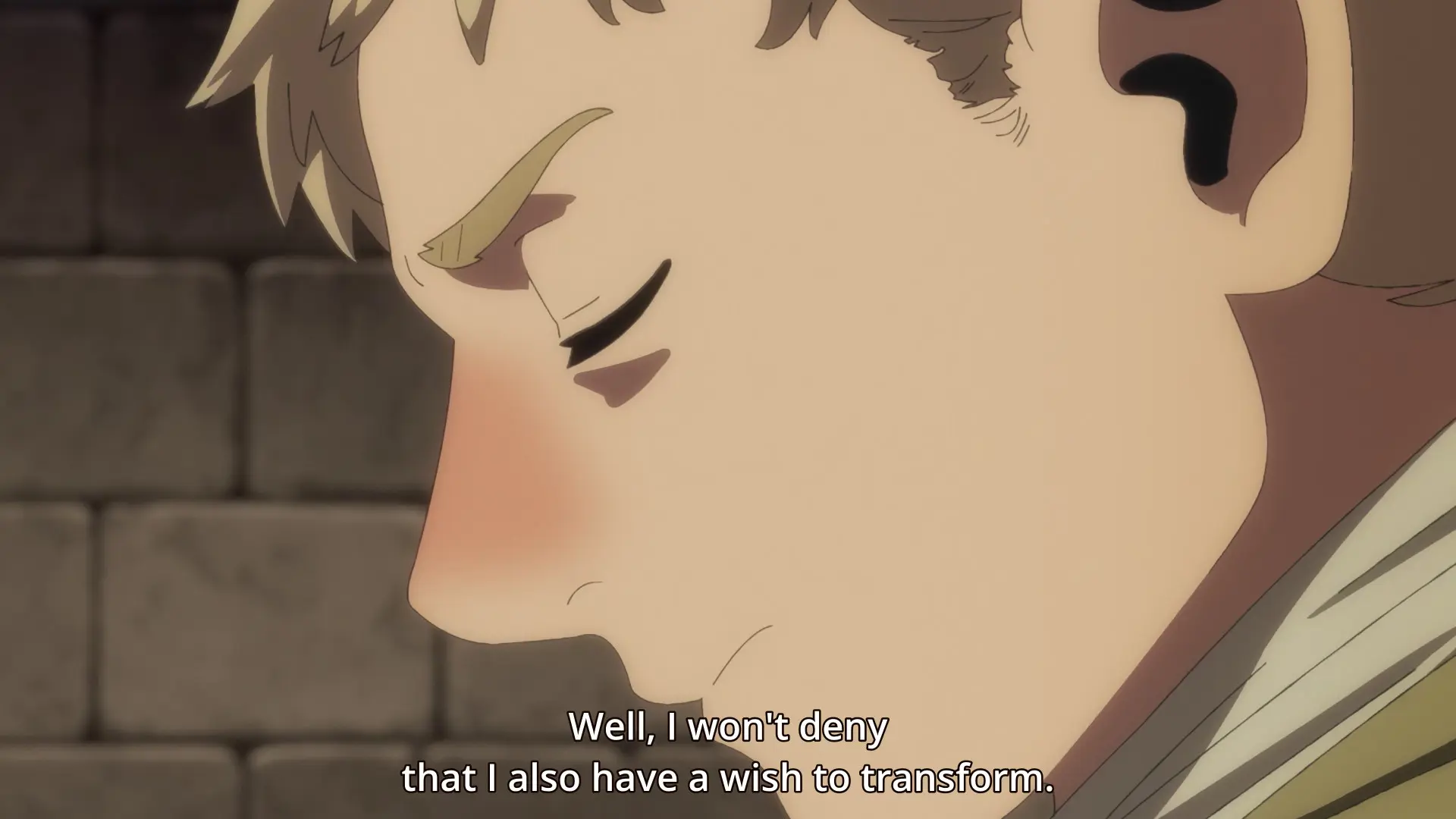 Screenshot from the anime "Dungeon Meshi" showing Laios up close in profile. He says "Well, I won't deny that I also have a wish to transform."