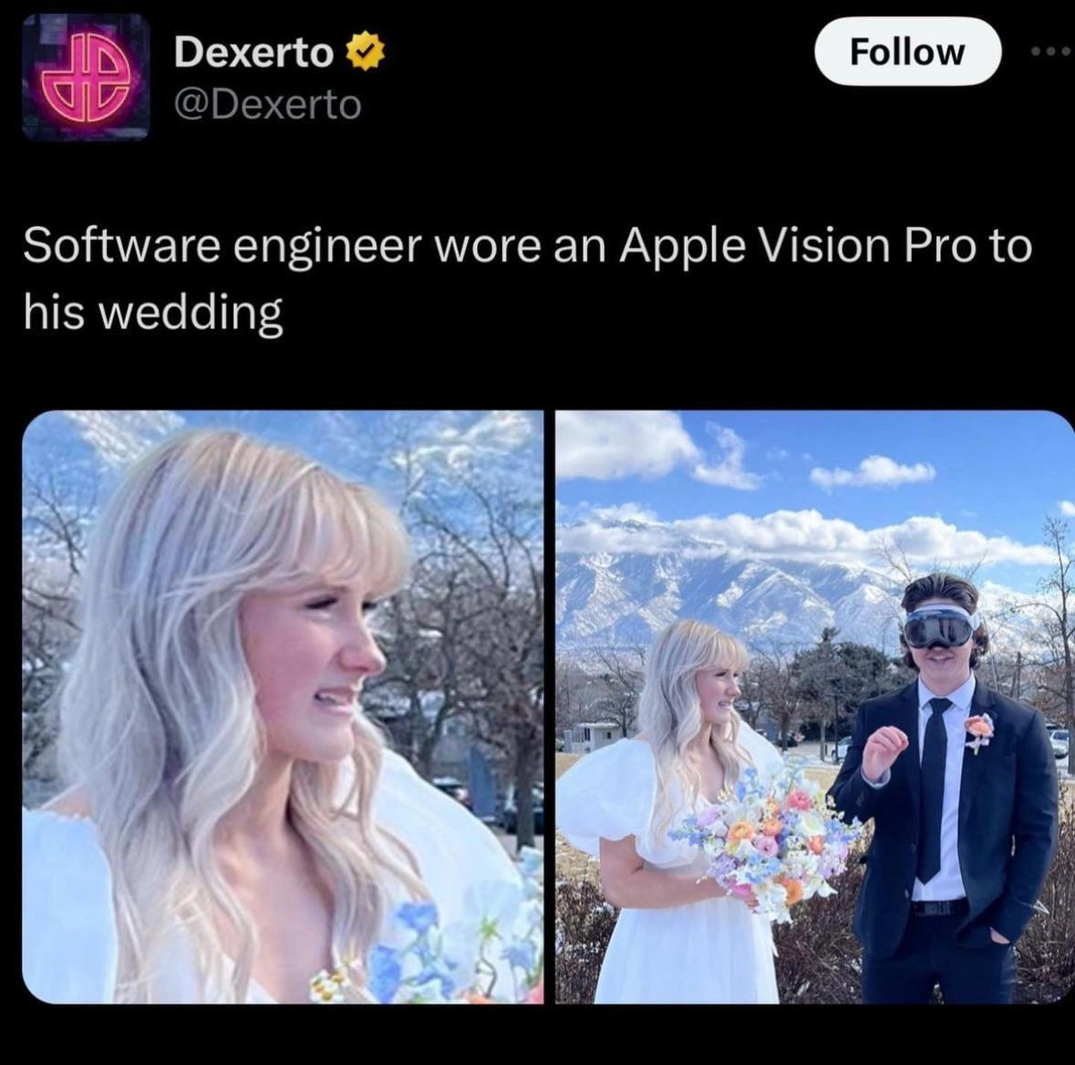 Tweet showing photos of a wedding. The husband is wearing an Apple Vision Pro headset, while the wife looks at him and clearly isn't happy. The tweet's text is: "Software engineer wore an Apple Vision Pro to his wedding"