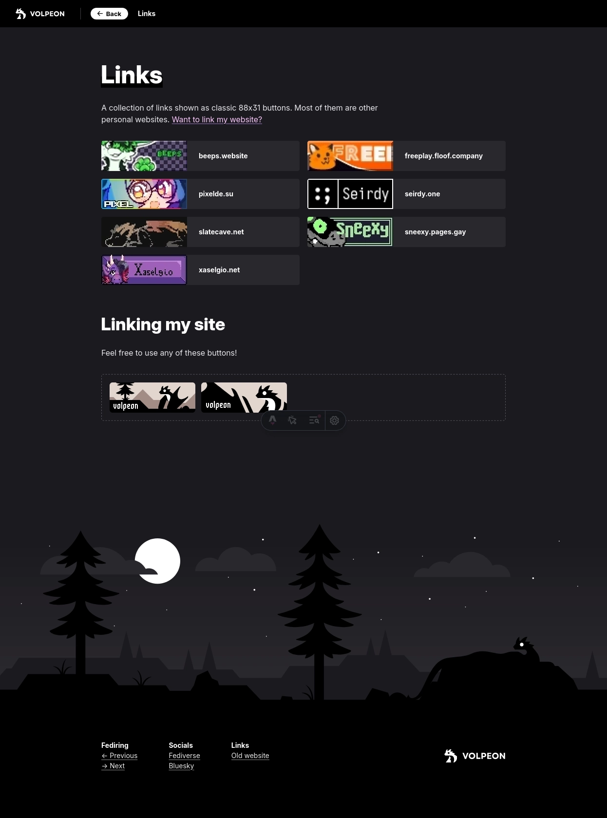 Links section on my website featuring 7 website and their 88x31 buttons. At the bottom there are 2 buttons for my own website people can use.