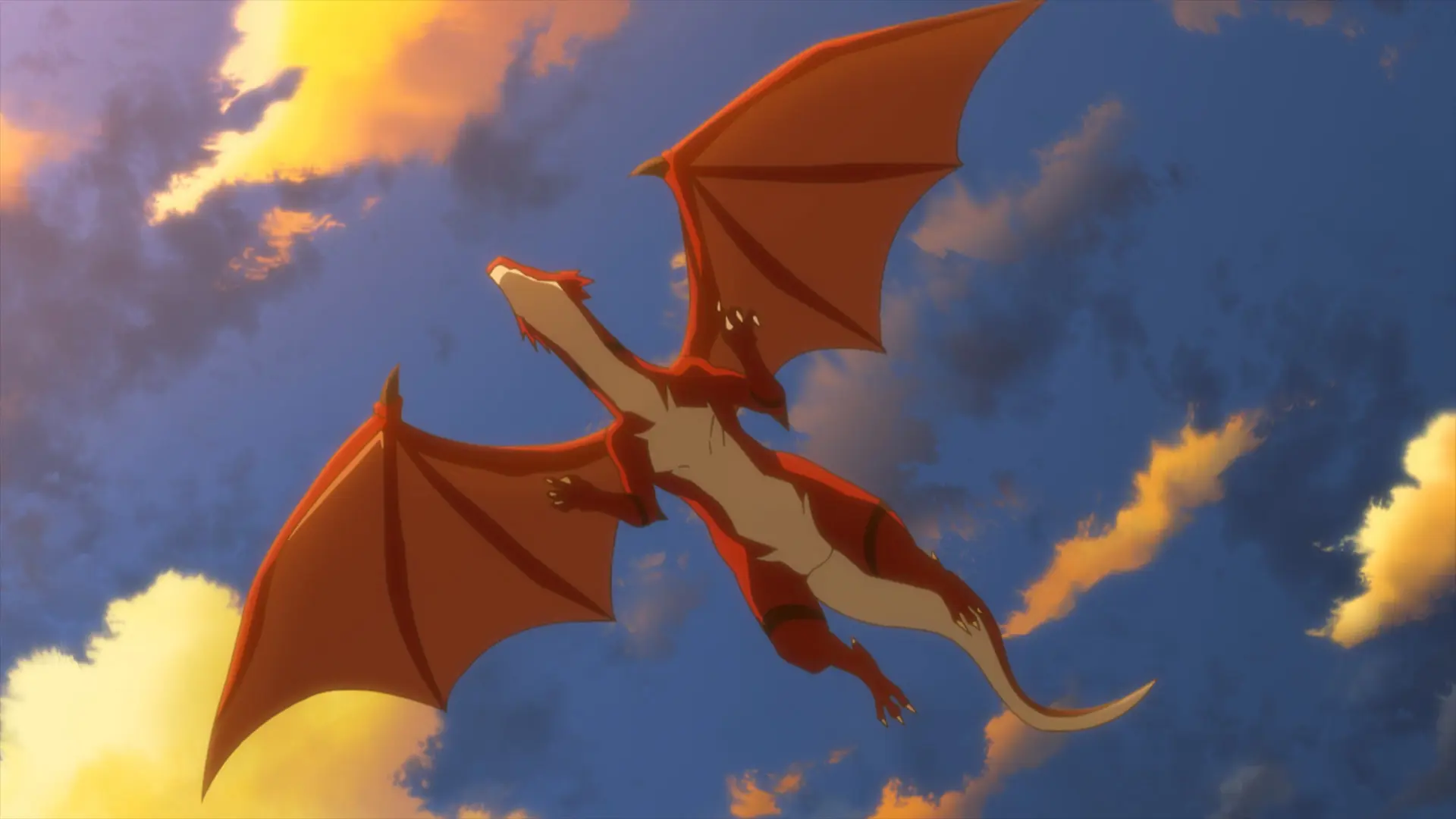 Screenshot from the anime "Slime Taoshite 300-nen, Shiranai Uchi ni Level Max ni Nattemashita - Season 2" showing a red dragon flying in the evening sky, viewed from below.