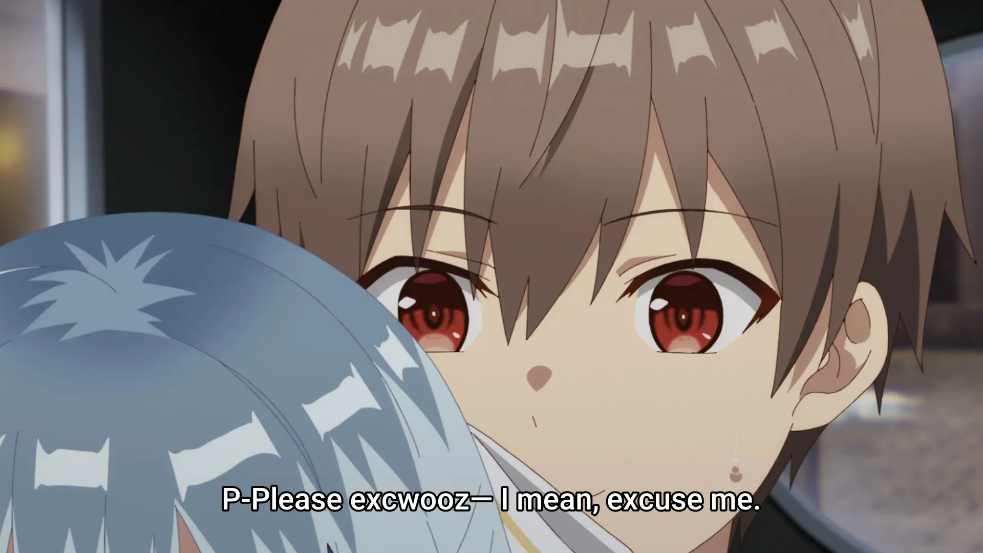 Screenshot from the anime "Koujo Denka no Kateikyoushi" showing a boy and someone with blue hair in front of him. The subtitle says "P-Please excwooz– I mean, excuse me."
