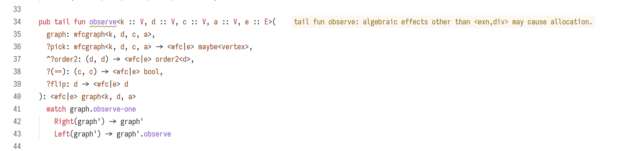 Koka code featuring a function `pub tail fun observe<k :: V, d :: V, c :: V, a :: V, e :: E>`. The editor shows a warning: "tail fun observe: algebraic effects other than <exn,div> may cause allocation."