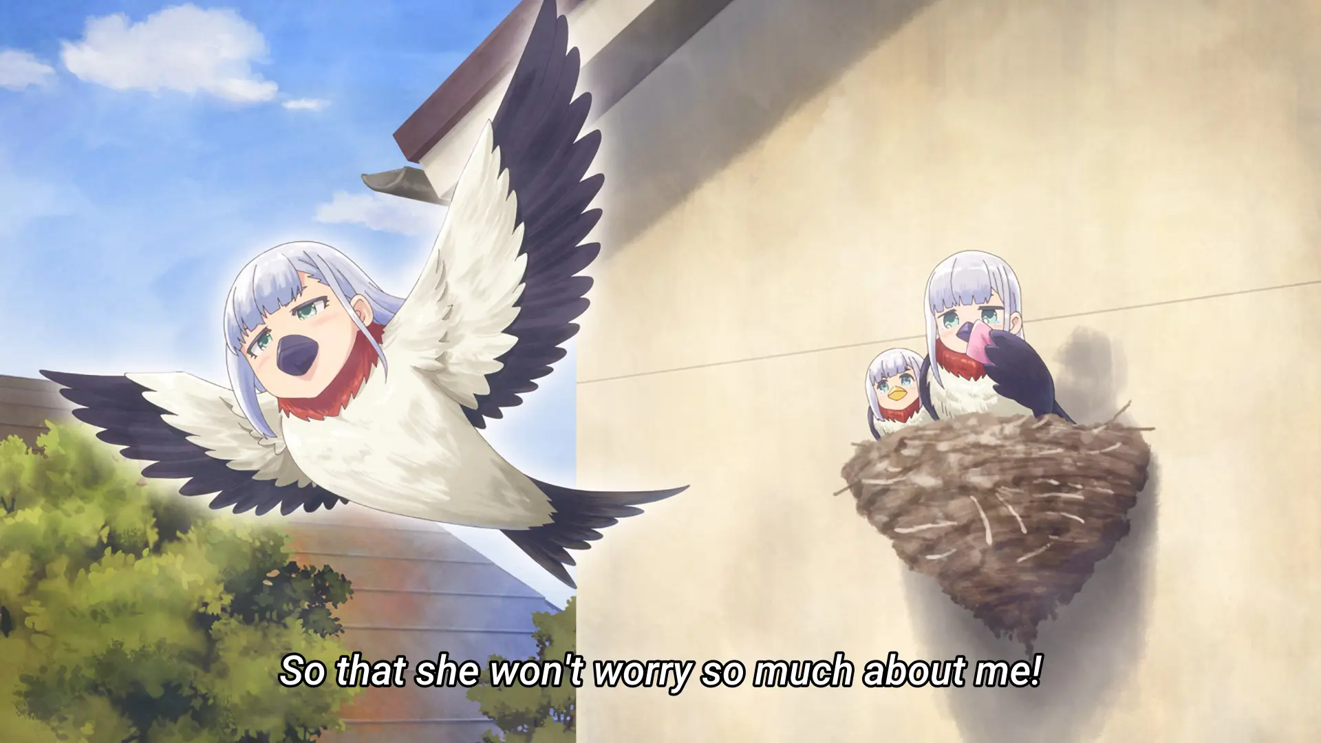 Screenshot from the anime "Aharen-san wa Hakarenai Season 2" showing the 3 Aharen siblings depicted as birds with human heads and a beak. Two of them are sitting in a nest, while the third one is in the foreground flying.
Subtitle: "So that she won't worry so much about me!"
