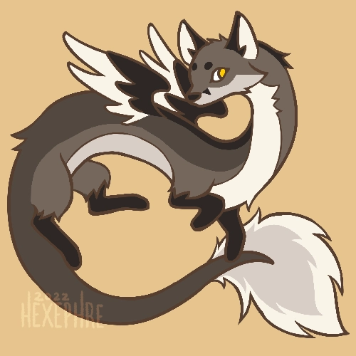 A brown fox drawn as an eastern dragon, with a long noodle-like body, small feathered wings and a bushy tail tip.