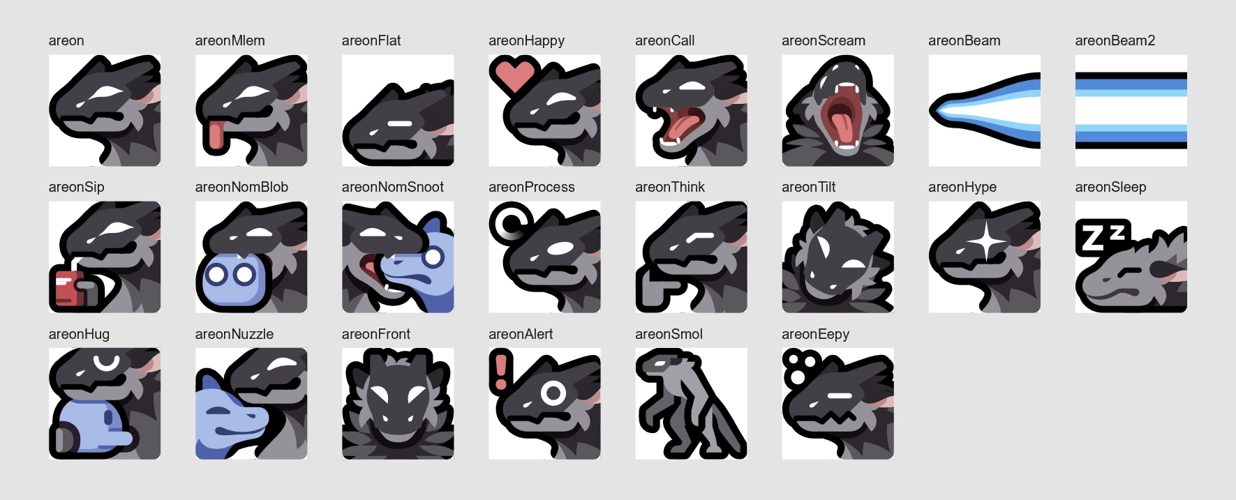 All emojis of Areon (a werewolf-like creature wearing a high-tech visor) laid out in a grid. There's 22 of them.
