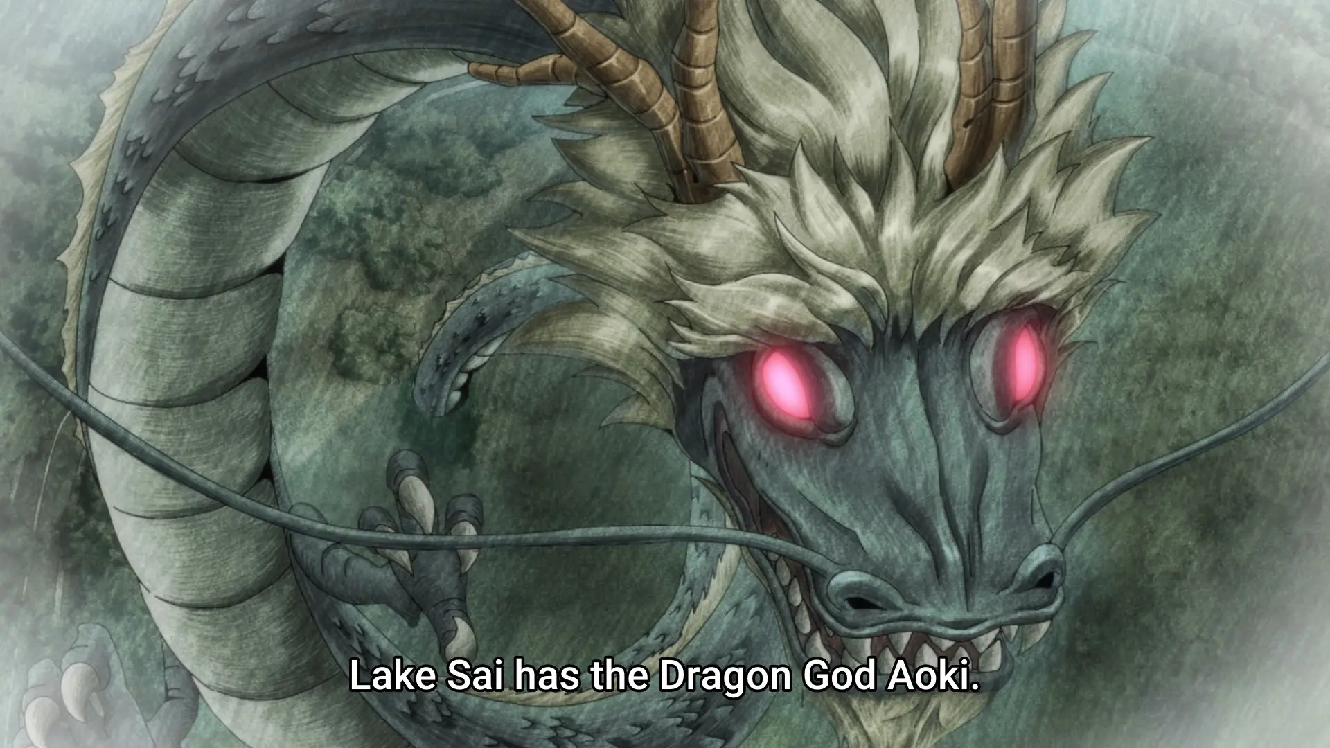 Same anime, featuring another eastern dragon spiraling towards the sky. It has blue-ish scales, white scales on the underside and white fur on the back. The subtitle has "Lake Sai has the Dragon God Aoki."
