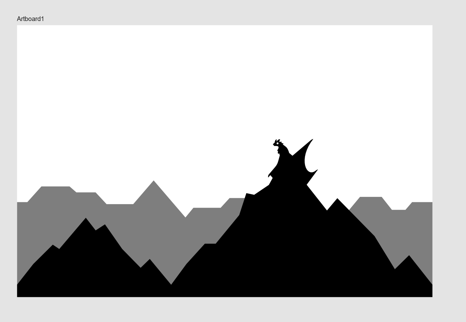 Vector art showing the silhouette of some mountains. A wyvern is standing on the summit of the tallest one. In the background there are faint mountains as well.