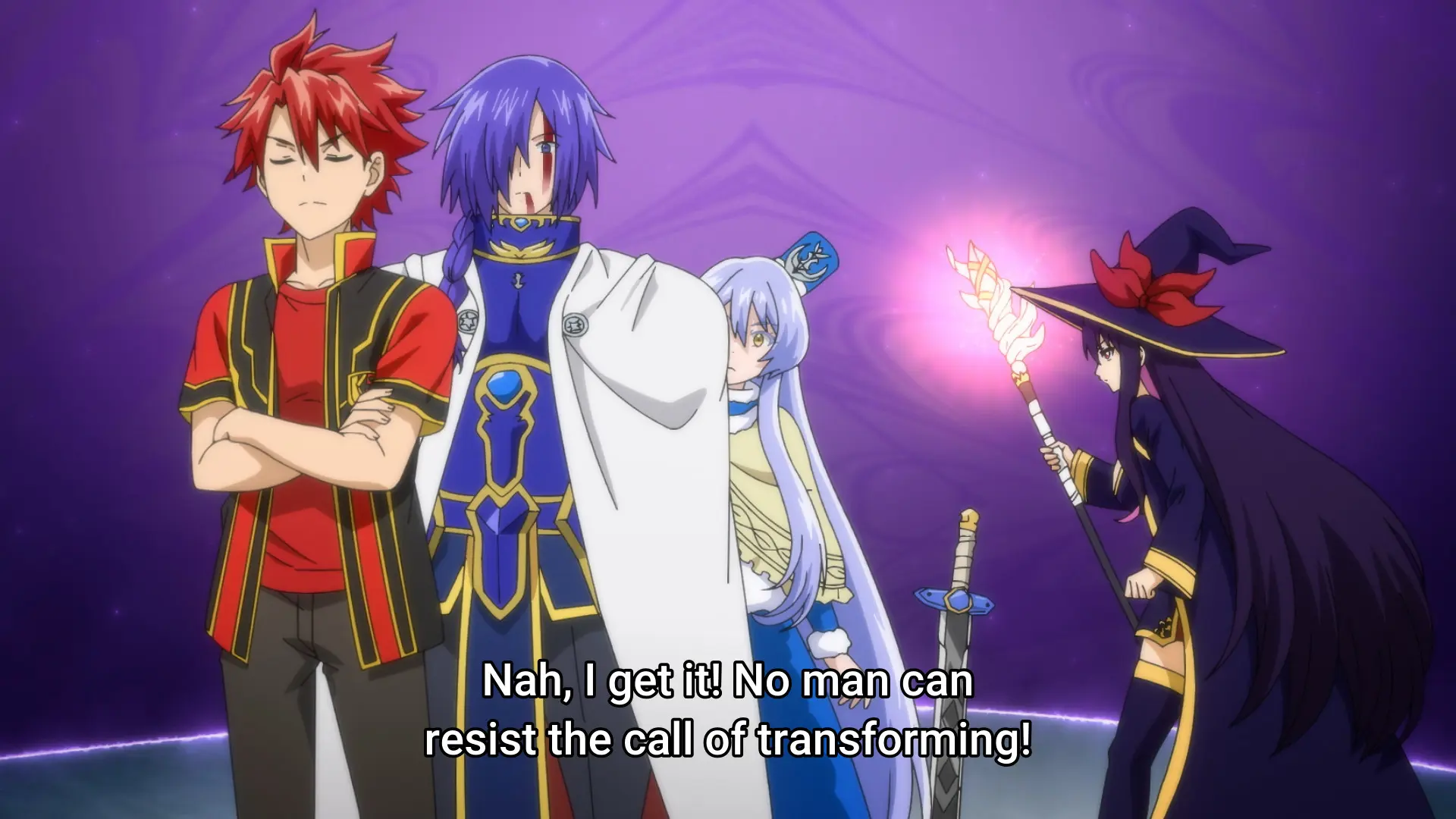 Screenshot from the anime "Sentai Red Isekai de Boukensha ni Naru" showing 2 heroes, a magician and a princess. One hero, Red, says "Nah, I get it! No man can resist the call of transforming!"