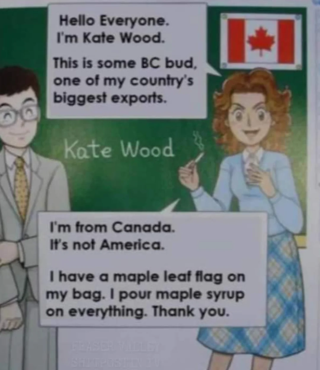 Photo of a Japanese text book. It shows an image with a teacher and a woman from Canada introducing herself. She says: "Hello, everyone. I'm Kate Wood. This is some BC bud, one of my country's biggest exports. I'm from Canada. It's not America. I have a maple leaf flag on my bag. I pour maple syrup on everything. Thank you.. "