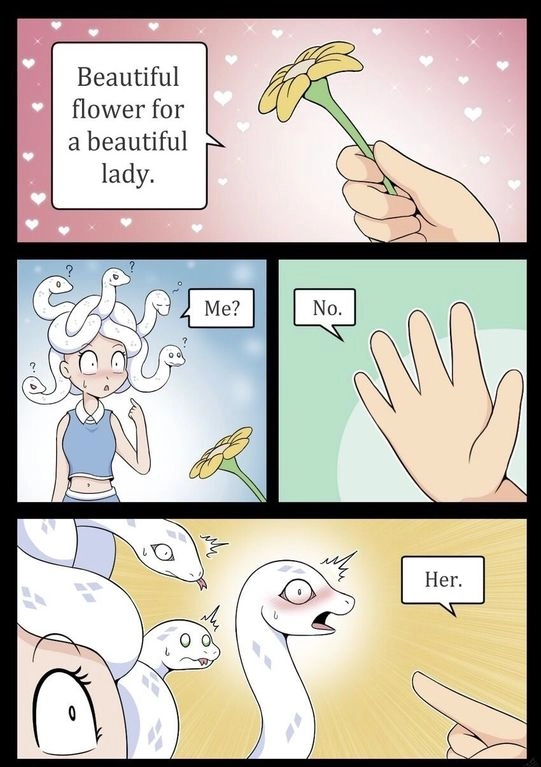 A 4-panel comic about a medusa and a nonspecific person.
1: Person holding up a flower: "Beautiful flower for a beautiful lady."
2: The medusa, pointing at herself in surprise: "Me?" Her her snakes are equally confused.
3: Person holding up a hand as a gesture of rejection: "No."
4: Person pointing at one of her hair snakes: "Her." The hair snakes are even more surprised now, with the snake they pointed at also blushing.