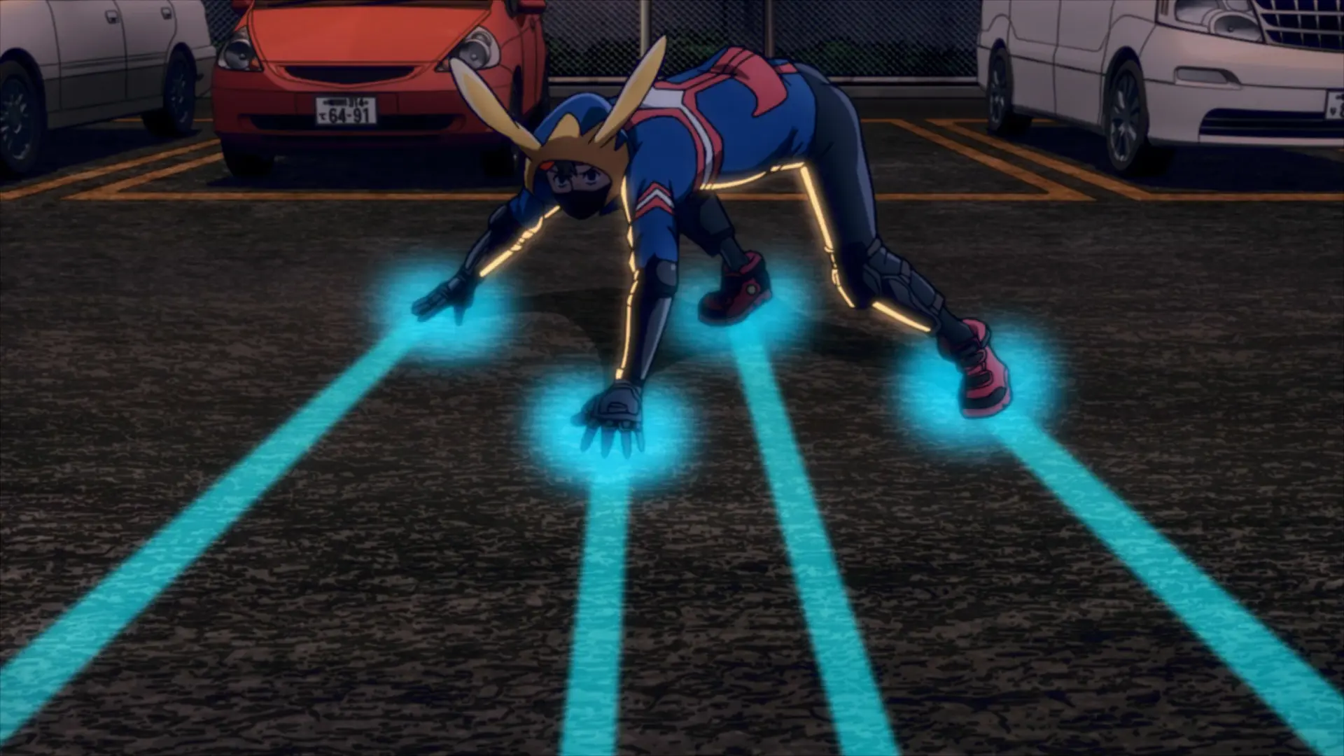 Screenshot from the anime "Vigilante - Boku no Hero Academia Illegals" showing a guy in a hero costume with the power to slide on the ground. He's coming to a stop, resembling a popular scene from the movie "Akira".