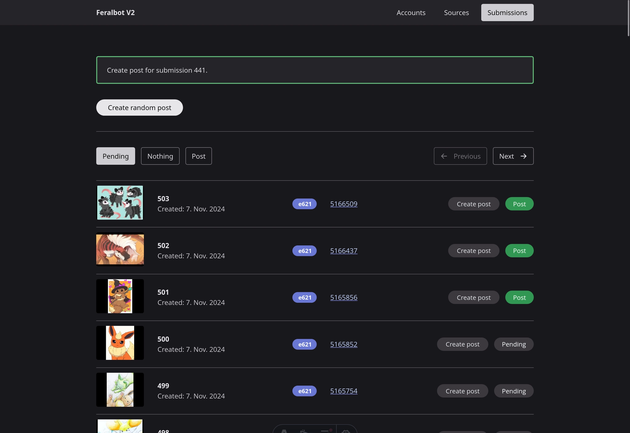 Feralbot V2 admin web UI. It shows a message that a post has been created, followed by a list of images from  e926  registered by the bot.