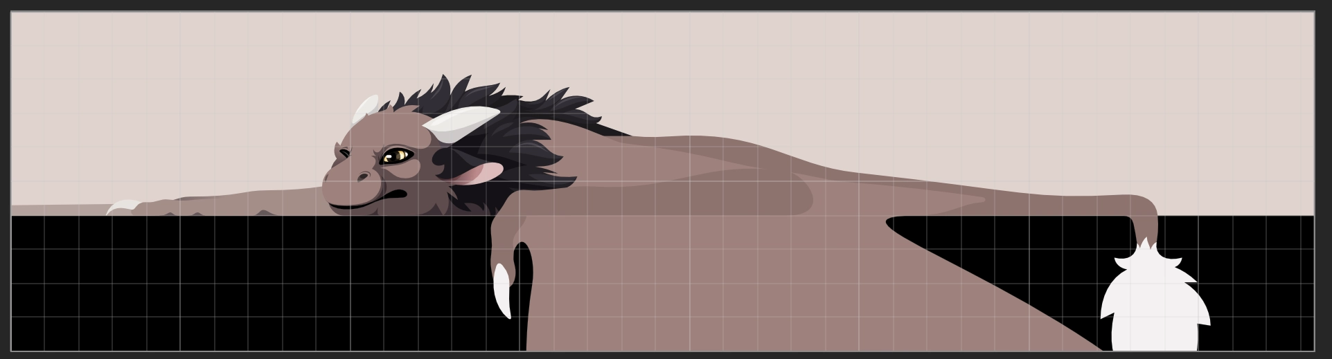 Vector art showing a brown furred wyvern lying on the ground. One of his eyes is closed, the other one just barely open. The wing in the foreground and the fluffy tail tip hang off a ledge.