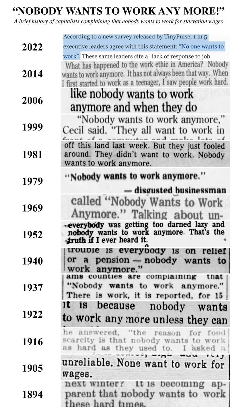 A list of newspaper articles ranging from 1894 until now containing variations of the statement "nobody wants to work anymore."