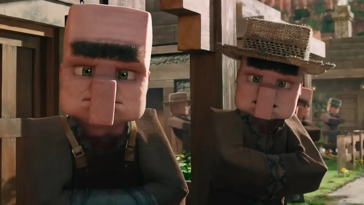 Minecraft villagers from the second Minecraft Movie trailer. They have their original blocky body shapes, but with realistic rendering that makes them look extremely uncanny.