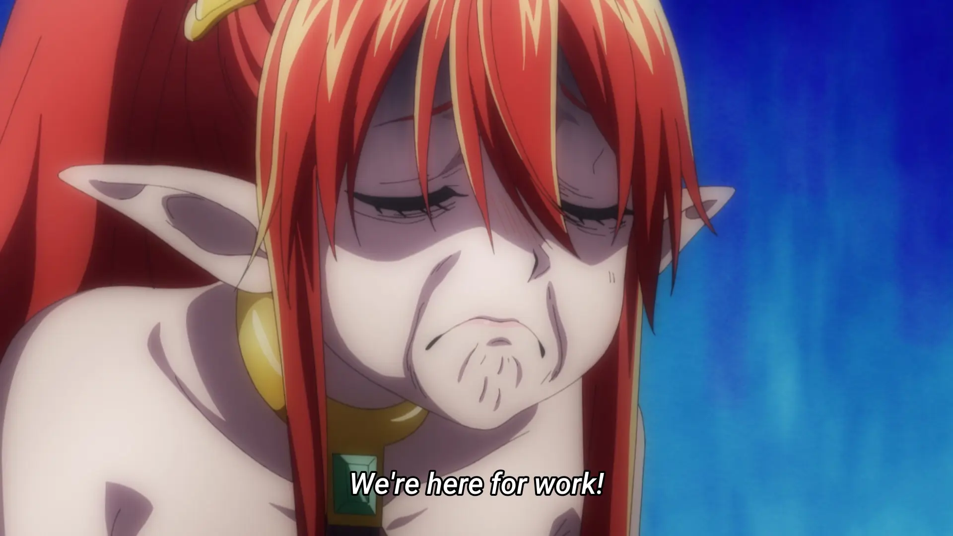 Screenshot from the anime "Salaryman ga Isekai ni Ittara Shitennou ni Natta Hanashi" showing a demon girl making an incredibly sour and disappointed expression, with a very pronounced frown, closed eyes, raised eyebrows towards the middle, and drooping ears. In this scene she says internally "we're here for work!"