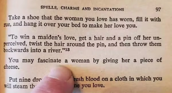 Photo of part of a page in a book.

Chapter: "Spells, charms and incantations"
Text: "You may fascinate a woman by giving her a piece of cheese."