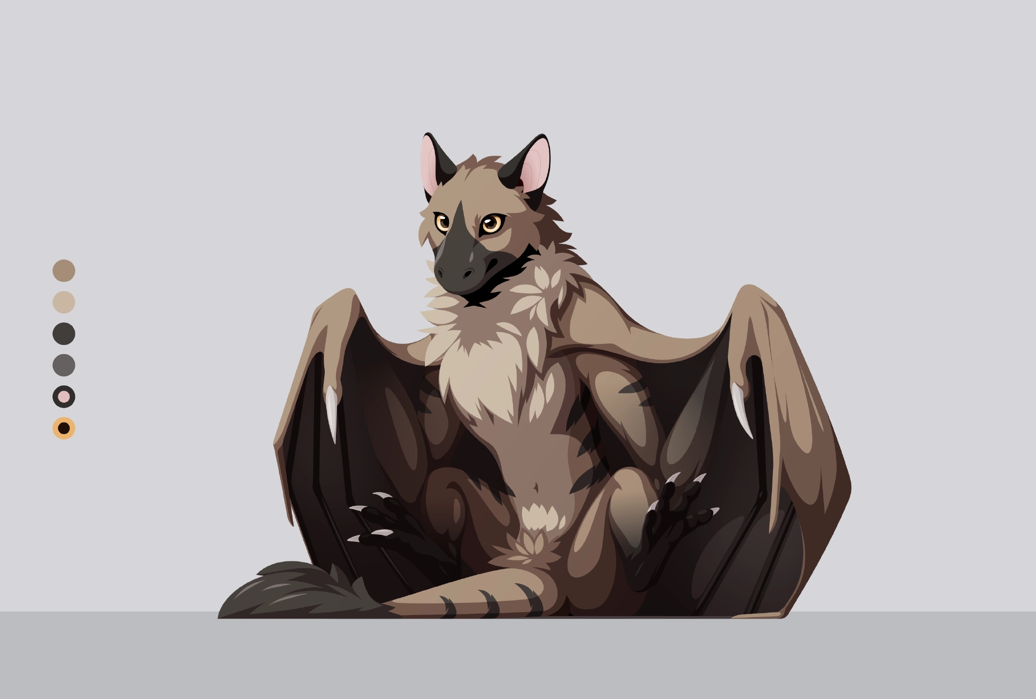 A young brown wyvern sitting on the floor in a silly way, with its legs pointing upward and its tail sticking out in front of it. Its fur is overall brown, with beige chest and belly fur and some dark grey stripes. The underside of the wings, the fluffy tail tip and the snout are grey as well.