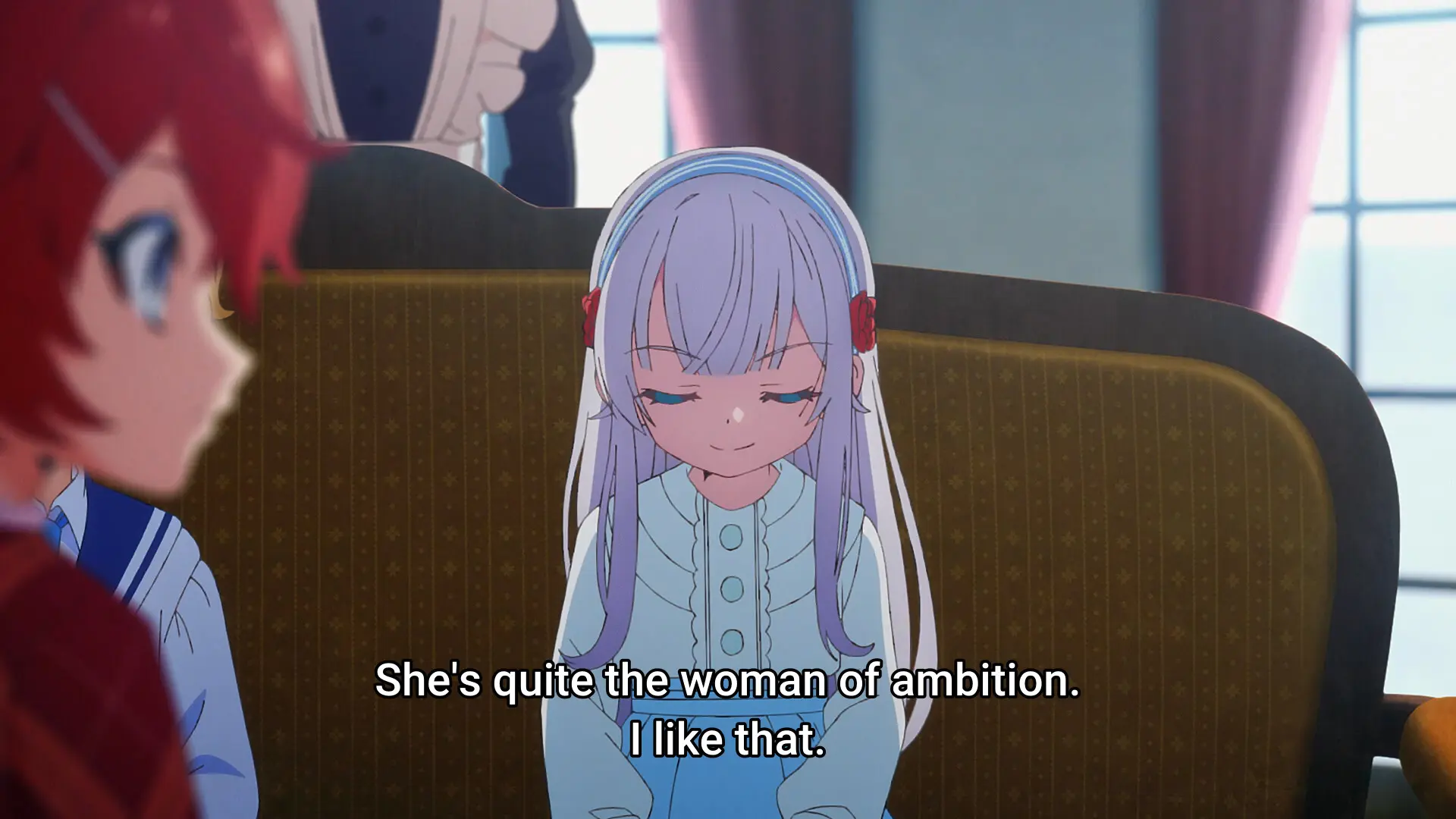 screenshot from the anime "Kyouran Reijou Nia Liston" featuring the protagonist thinking to herself "She's quite the woman of ambition. I like that."