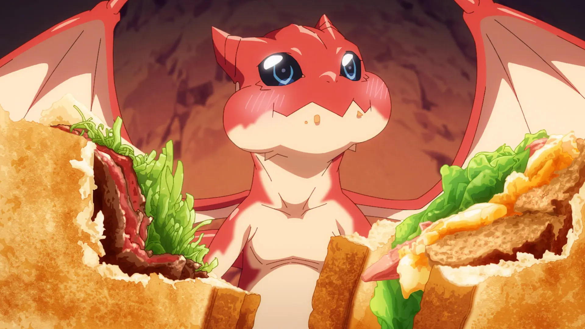 Same anime, same dragon. There are two (from his perspective) gigantic sandwiches in front of him, both missing a bite.